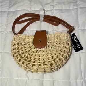 Cream and Brown Crossbody Bag with Woven Straw and Leather Flap